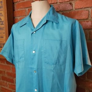 Vintage 60s Blue Sharkskin Short Sleeve Shirt XL